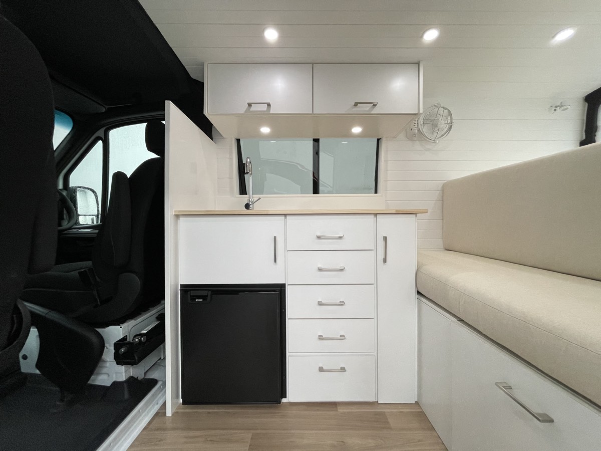 Fitted campervan kitchen and cabinetry finished in our workshop