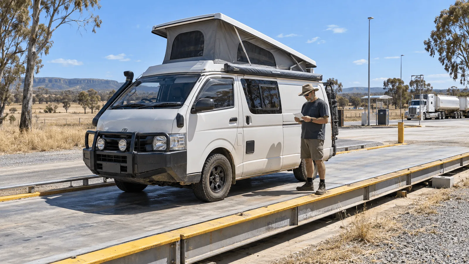 Campervan being weighed at a public weighbridge to check GVM compliance in Australia