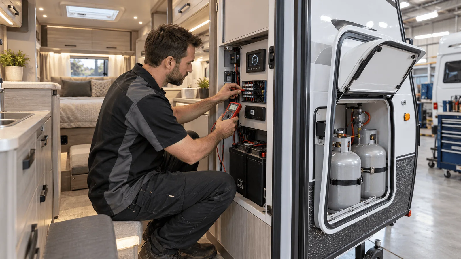 Technician checking caravan gas regulator and electrical panel during a caravan service