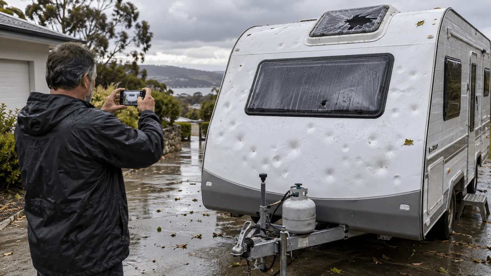 Photographing Caravan Damage for an Insurance Claim Caravan owner photographing hail damage on caravan roof and walls for an insurance claim