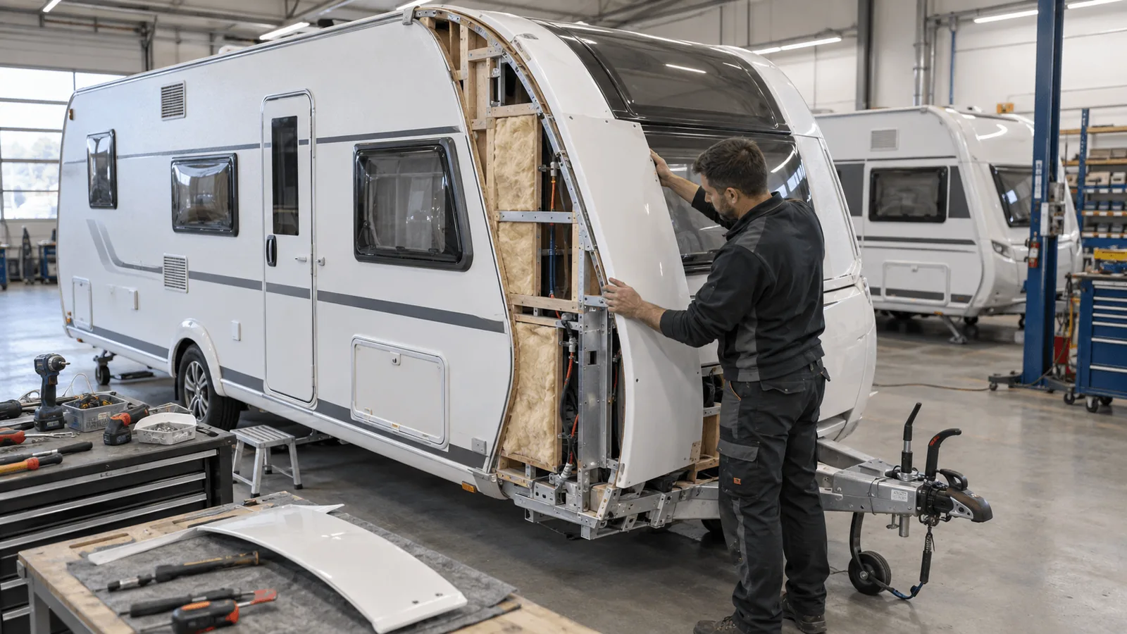 Caravan Insurance Repair in Progress Caravan technician repairing accident damage to caravan wall panel in a repair workshop