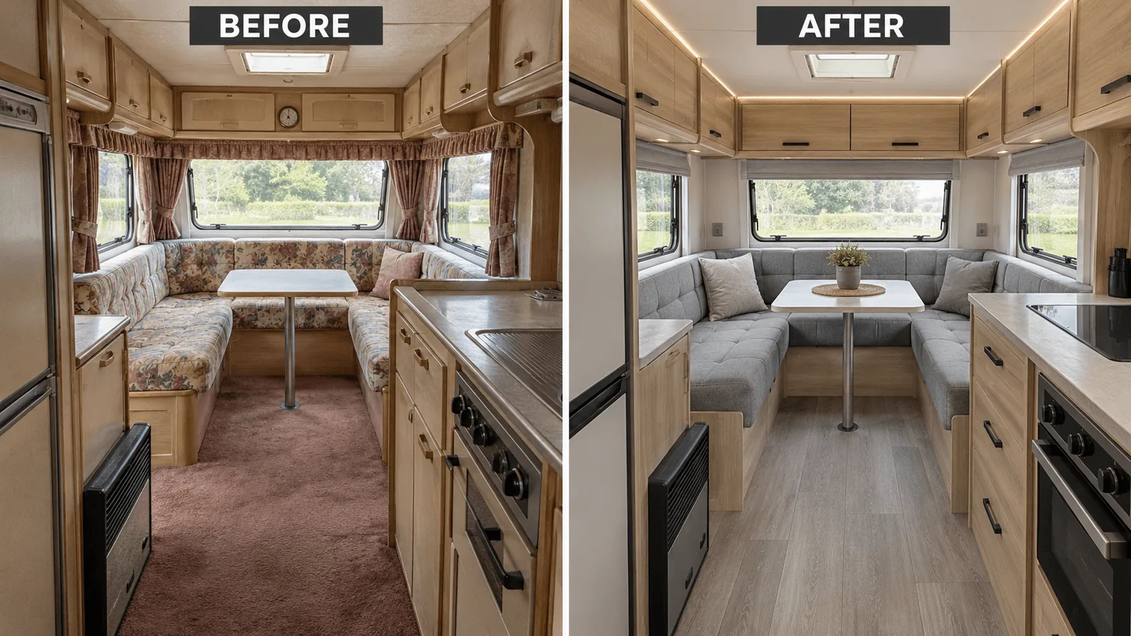 Before and after caravan interior refurbishment showing new upholstery, cabinetry and flooring
