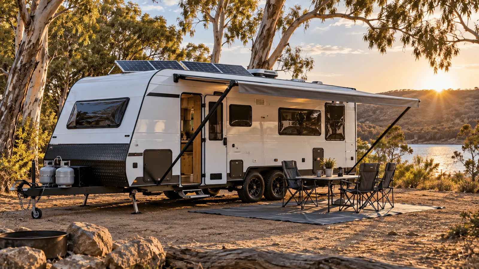 Refurbished caravan with new solar panels on the roof parked at a bush campsite