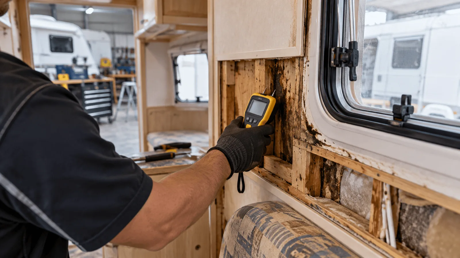 Technician inspecting caravan wall for water damage and delamination with a moisture meter