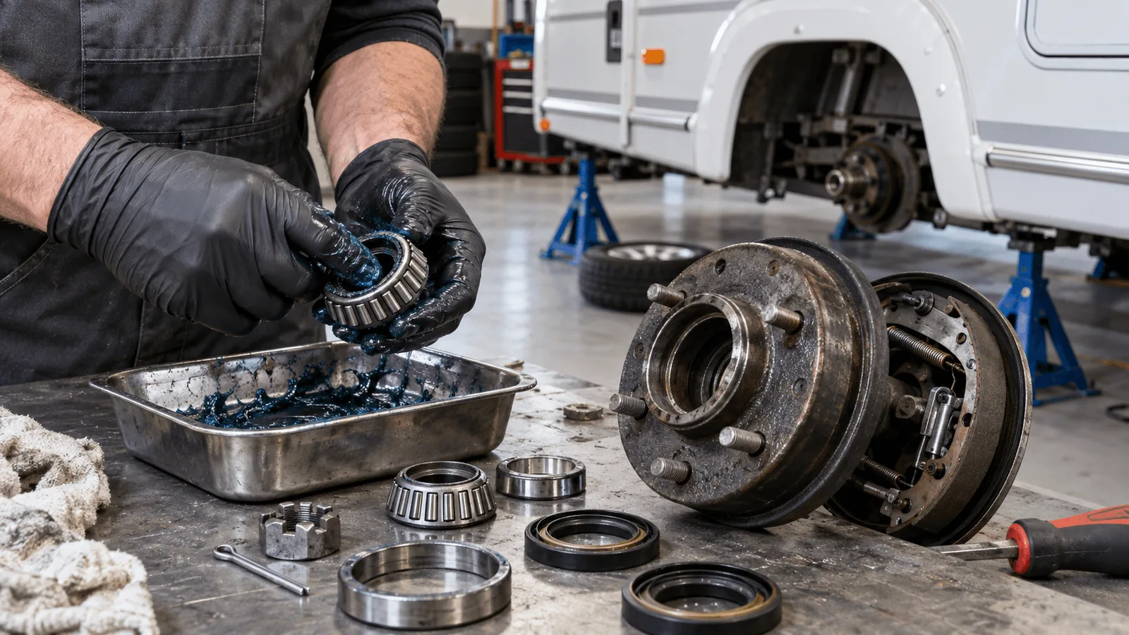 Mechanic repacking caravan wheel bearings with grease during a caravan service in a workshop
