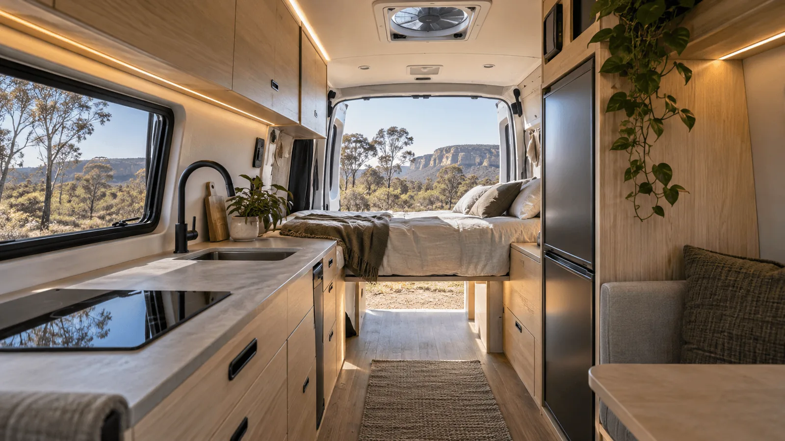 Mercedes-Benz Sprinter high-roof campervan interior with fixed rear bed and kitchen