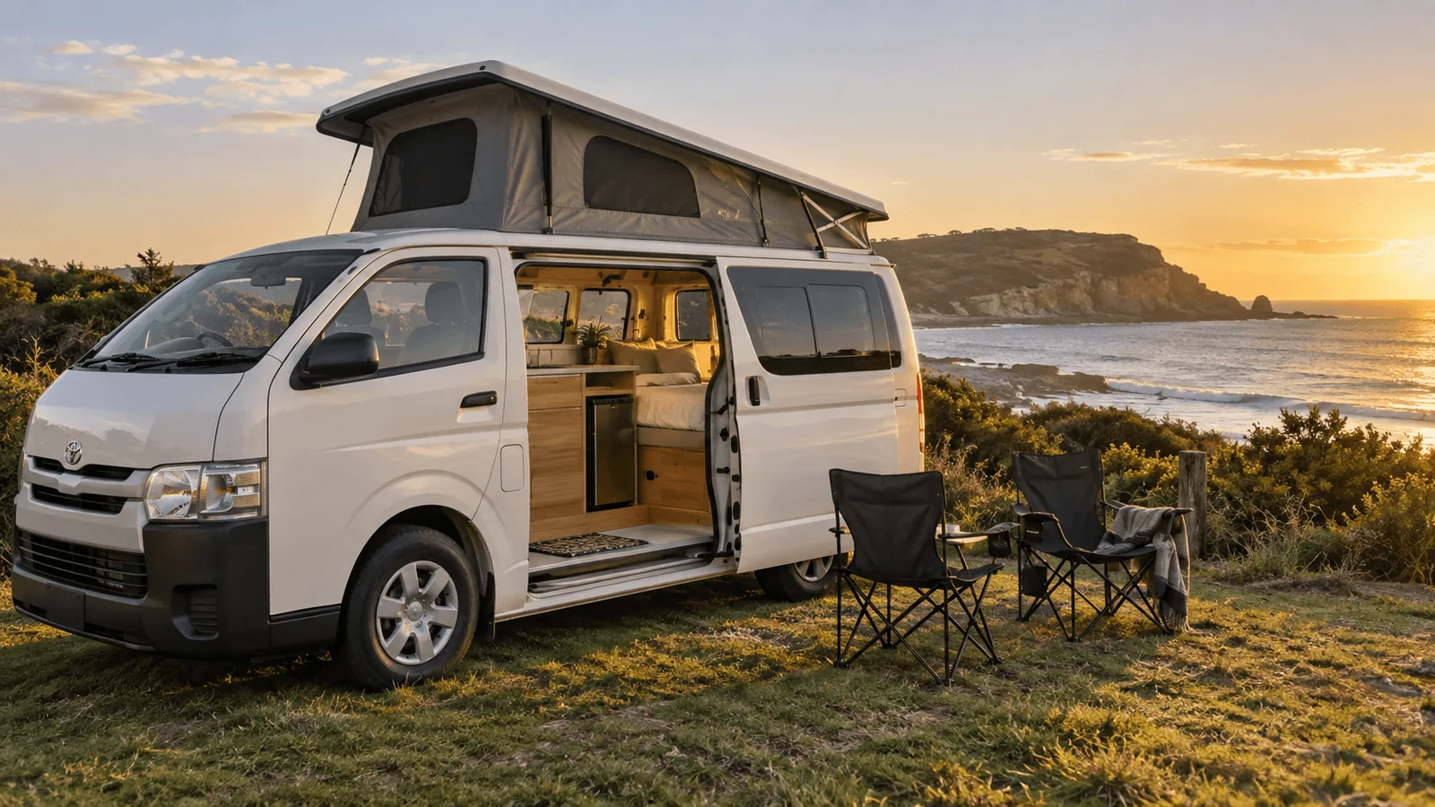 Toyota HiAce campervan conversion with pop-top raised at a coastal campsite in Australia